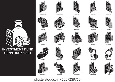 Investment fund isometric 3D icons set. contain assets, bonds, real estate, credit card, budget, dividends and more. use for modern concept, print, UI, UX kit, web and app development. Vector EPS 10