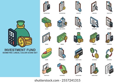 Investment fund isometric 3D icons set. contain assets, bonds, real estate, credit card, budget, dividends and more. use for modern concept, print, UI, UX kit, web and app development. Vector EPS 10