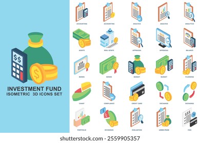 Investment fund isometric 3D icons set. contain assets, bonds, real estate, credit card, budget, dividends and more. use for modern concept, print, UI, UX kit, web and app development. Vector EPS 10