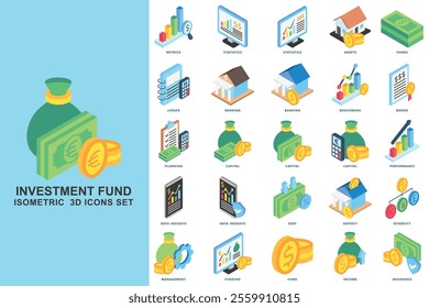 Investment fund isometric 3D icons set. contain metrics, statistics, assets, funds, banking, deposit, income and more. use for modern concept, print, UI, UX kit, web and app development. Vector EPS 10