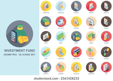 Investment fund isometric 3D icons set. contain assets, bonds, real estate, credit card, budget, dividends and more. use for modern concept, print, UI, UX kit, web and app development. Vector EPS 10