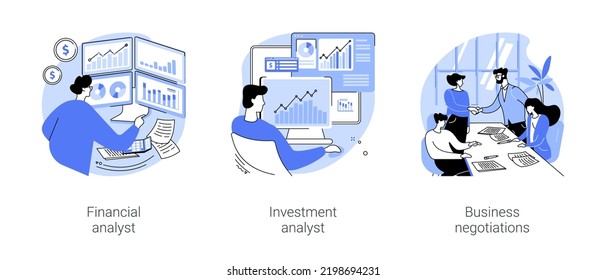 Investment funding isolated cartoon vector illustrations set. Financial analyst explore stock market data, businessman analyze assets, venture funding company, business negotiations vector cartoon.