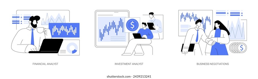 Investment funding isolated cartoon vector illustrations set. Financial analyst explore stock market data, businessman analyze assets, venture funding company, business negotiations vector cartoon.