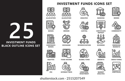 Fundos de investimento preto conjunto de ícones de contorno, contém câmbio, dinheiro, orçamento, títulos, alocação, mercado e muito mais. vetor EPS 10. use para UI, UX, aplicativo e desenvolvimento web. para o tema financeiro e de negócios.