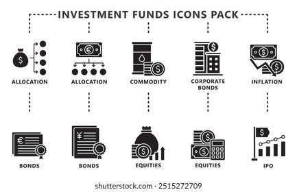 Investment Funds glyph icon set, contain exchange, allocation, bonds, commodity, inflation, equities and more. vector EPS 10. use for UI, UX, app and web development. for financial and business theme.