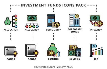 Investment Funds lineal multi color icon set, contain exchange, money, budget, bond, allocation, market and more. vector EPS 10. use for UI, UX, app and web development, financial and business theme.