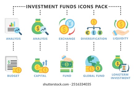 Investment Funds multi color icon set, contain analysis, budget, capital, exchange, fund, and more. vector EPS 10. use for UI, UX, app and web development, financial and business theme.