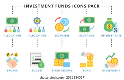 Investment Funds multi color icon set, contain exchange, money, budget, bonds, allocation, market and more. vector EPS 10. use for UI, UX, app and web development, financial and business theme.