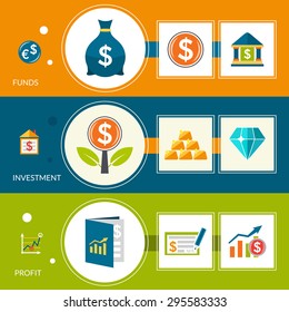 Investment funds profit and banking system flat design horizontal banners isolated vector illustration