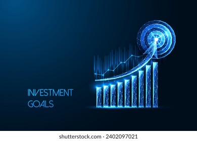 Investment goals, capital growth, wealth building futuristic concept with growth graph and target in glowing low polygonal style on dark blue background. Modern abstract design vector illustration.