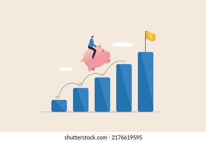 investment goals and revenue growth.  Interest earned from savings. stock funds. A businessman riding a piggy bank runs up the top charts.