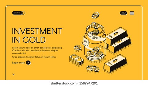 Investment In Gold Isometric Landing Page, Dollar Coins Fall To Glass Jar With Golden Bars Around, Invest Fund For Increase Money Business, Asset Allocation 3d Vector Illustration, Line Art Web Banner