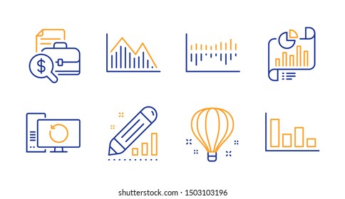 Investment graph, Accounting report and Report document line icons set. Air balloon, Edit statistics and Column diagram signs. Recovery computer, Histogram symbols. Line investment graph icon. Vector