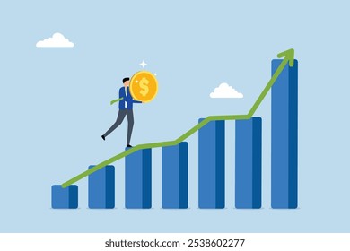 Gráfico de inversión, El hombre de negocios con confianza sostiene una moneda de dólar Grande mientras asciende un gráfico financiero en crecimiento. 