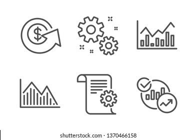 Investment graph, Dollar exchange and Work icons simple set. Infochart, Technical documentation and Statistics signs. Investment infochart, Money refund. Education set. Line investment graph icon