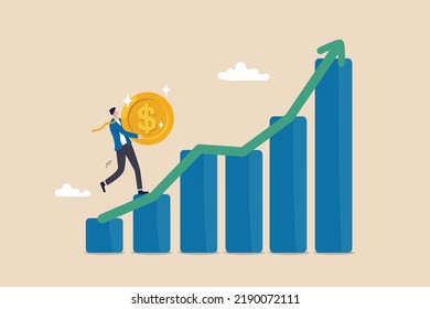 Investment Graph, Verdienst oder Gewinn aus Börse oder Investmentfonds, Vermögensverwaltung oder Vermögenswachstum Konzept, Vertrauen Geschäftsmann tragen große Dollar-Münzen klettern nach oben Finanzdiagramm.