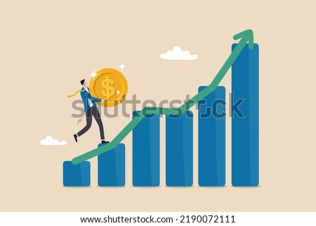 Investment graph, earning or profit from stock exchange or mutual fund, wealth management or asset growth concept, confidence businessman carry big dollar coin climb up rising up financial graph.