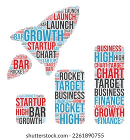 Investment graph with exponential growth word clod art, wealth or earnings rising up, business sales or profit increasing concept, financial report graph with exponential arrow from flying rocket 