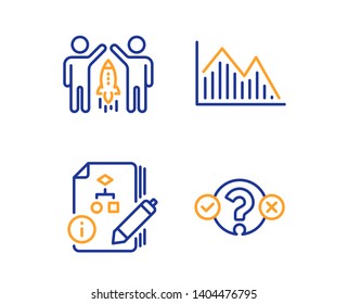 Investment graph, Partnership and Algorithm icons simple set. Quiz test sign. Investment infochart, Business startup, Project. Select answer. Education set. Linear investment graph icon. Vector