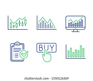 Investment graph, Statistics and Buying line icons set. Survey checklist, Financial diagram and Bar diagram signs. Investment infochart, Financial report, E-commerce shopping. Report. Vector