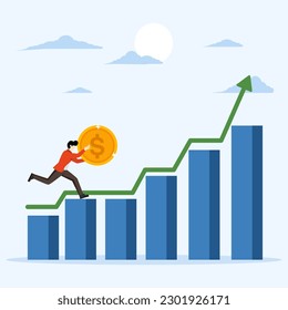 Investment graph, wealth management or asset growth concept, income or profit from stock exchange or mutual funds, businessman confidence carrying big dollar coin increasing financial graph.