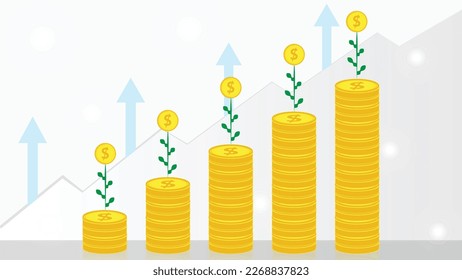 Investment Growing over time represented by coins, USD or Dollar symbol and plants.