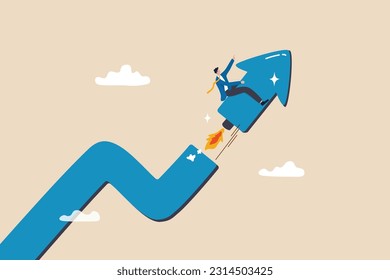 Investment growth boosting profit earning, increase market return or boost growth, growing fast, startup launch project or improvement concept, businessman riding rising up arrow with rocket booster.