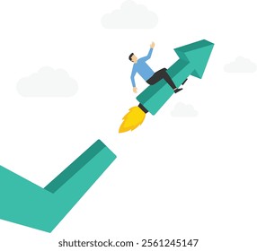 Investment growth boosting profit earning, increase market return or boost growth, growing fast, startup launch project or improvement concept, businessman riding rising up arrow with rocket booster.
