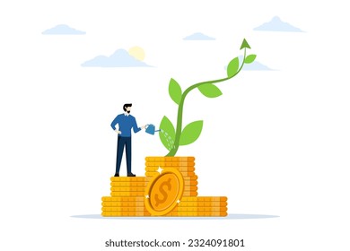 Investment growth or business growth, A businessman watering a small plant shaped like a growth chart. make profit in stock market or income growth concept. flat vector illustration.