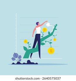 Investment growth or business grow up concept, businesswoman Investor watering green arrow with dollar coin
