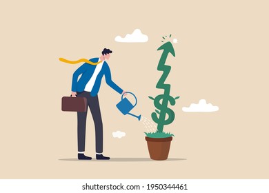 Investment growth or business grow up, make profit in stock market or earning growth concept, success businessman investor watering small plant with US dollar sign rising up graph.