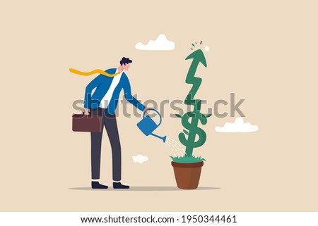 Investment growth or business grow up, make profit in stock market or earning growth concept, success businessman investor watering small plant with US dollar sign rising up graph.