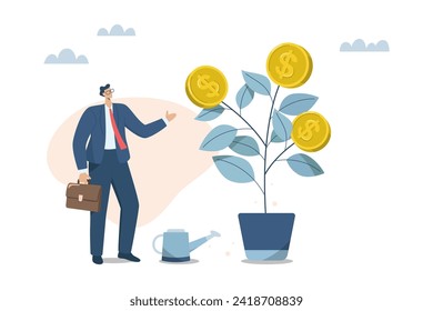 Investment growth or business profits, Stock market returns or wealth from savings, A male investor takes care of a growing money plant and is issuing coins. Vector design illustration.