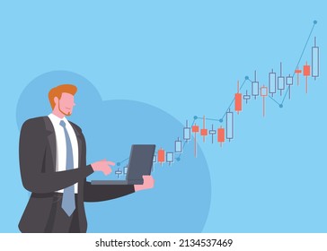 Investment growth, business success, stock market analysis, crypto trend line or forex trade concept. Businessman is using laptop to analyze candlestick chart and stock value in blue background.