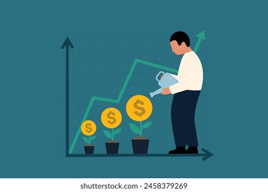 Investment Growth, Businessman Cultivating Dollar Symbolized Seedlings for Profit and Capital Gain. Vector Business Illustration