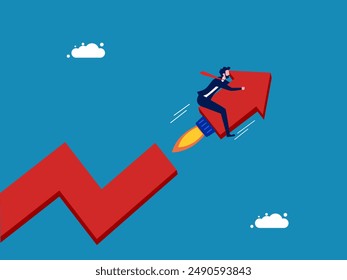 Investment growth. Businessman rides a fast arrowhead attached to a rocket 