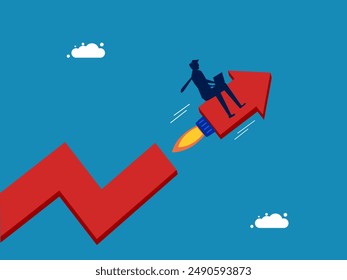 Investment growth. Businessman rides a fast arrowhead attached to a rocket 