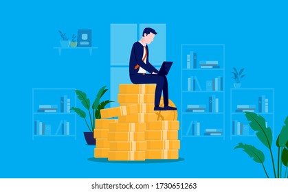 Investment Growth - Businessman Sitting On Stack Of Coins Working On Laptop. Accumulating And Collecting Money. Savings, Investor, Rich And Wealth Concept. Vector Illustration.