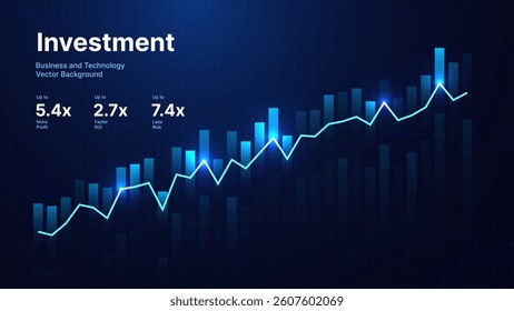 Investment Growth Chart With Digital Bar Graph And Profit Line, Business Analytics Dashboard Concept For Finance, ROI, Stock Market, Technology Economy Trends. Vector Illustration.