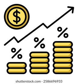 Investment growth color-filled round line vector icon with editable stroke, symbolizing increasing returns, financial growth, and investment success.