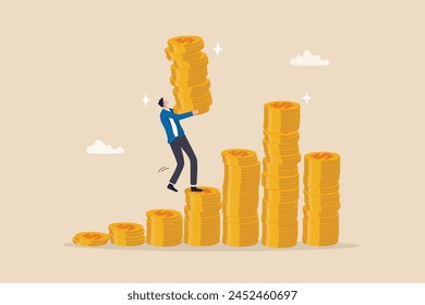 Investment growth compound interest, capital gain profit or wealth accumulation, increase pension fund or revenue, financial success, increase deposit value concept, businessman increase money stack.