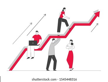 Investment Growth Concept. Business Characters Team Working and Holding Huge Growing Arrow, Leader Climbing on Top. Businesspeople Teamwork and Leadership. Cartoon Flat Vector Illustration, Line Art