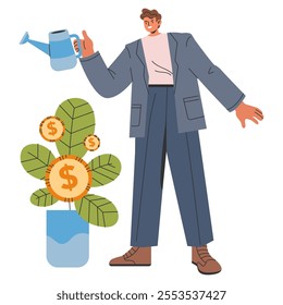 Investment growth concept. A businessman watering a plant sprouting coins, symbolizing wealth accumulation. Financial prosperity strategy. Vector illustration.