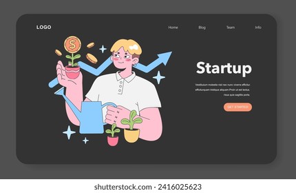 Investment Growth concept. Enthusiastic man nourishing a coin plant, symbolizing monetary growth and financial success, with coins soaring and an upward trend arrow. Flat vector illustration