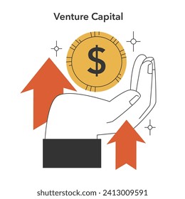 Concepto de crecimiento de la inversión. La moneda representa el capital de riesgo, con flechas que indican el ascenso financiero y la confianza de los inversores. Empoderando a las nuevas empresas. Ilustración vectorial plana