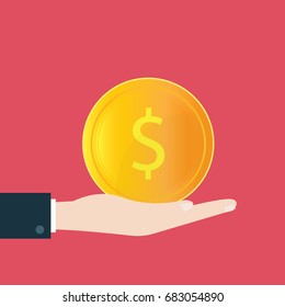 Investment growth concept, hands holding golden coin on red background.
