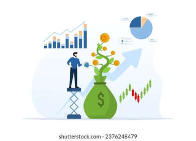 Investment growth concept, increasing wealth from stock market or trading, growing money to gain profit from savings, mutual funds or assets, businessman throws money with increasing financial graph.