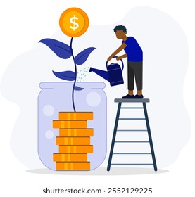 Investment growth concept with man climbs ladder to watering money plant on jar. Financial growth, bank deposit income, wealth. money investment, increase revenue. Flat vector illustration. 
