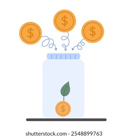 Conceito de crescimento de investimento com a colocação de moedas em um frasco com árvore de moedas. Sucesso financeiro
