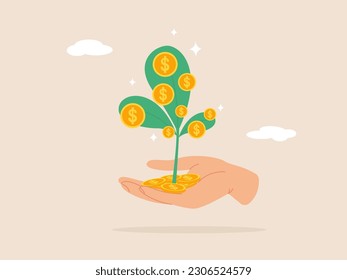 Investment growth concept. Prosperity or earn more money from savings, opportunity to make profit and increase wealth. Businessman investor hand holding money flower plant from pile of coins.